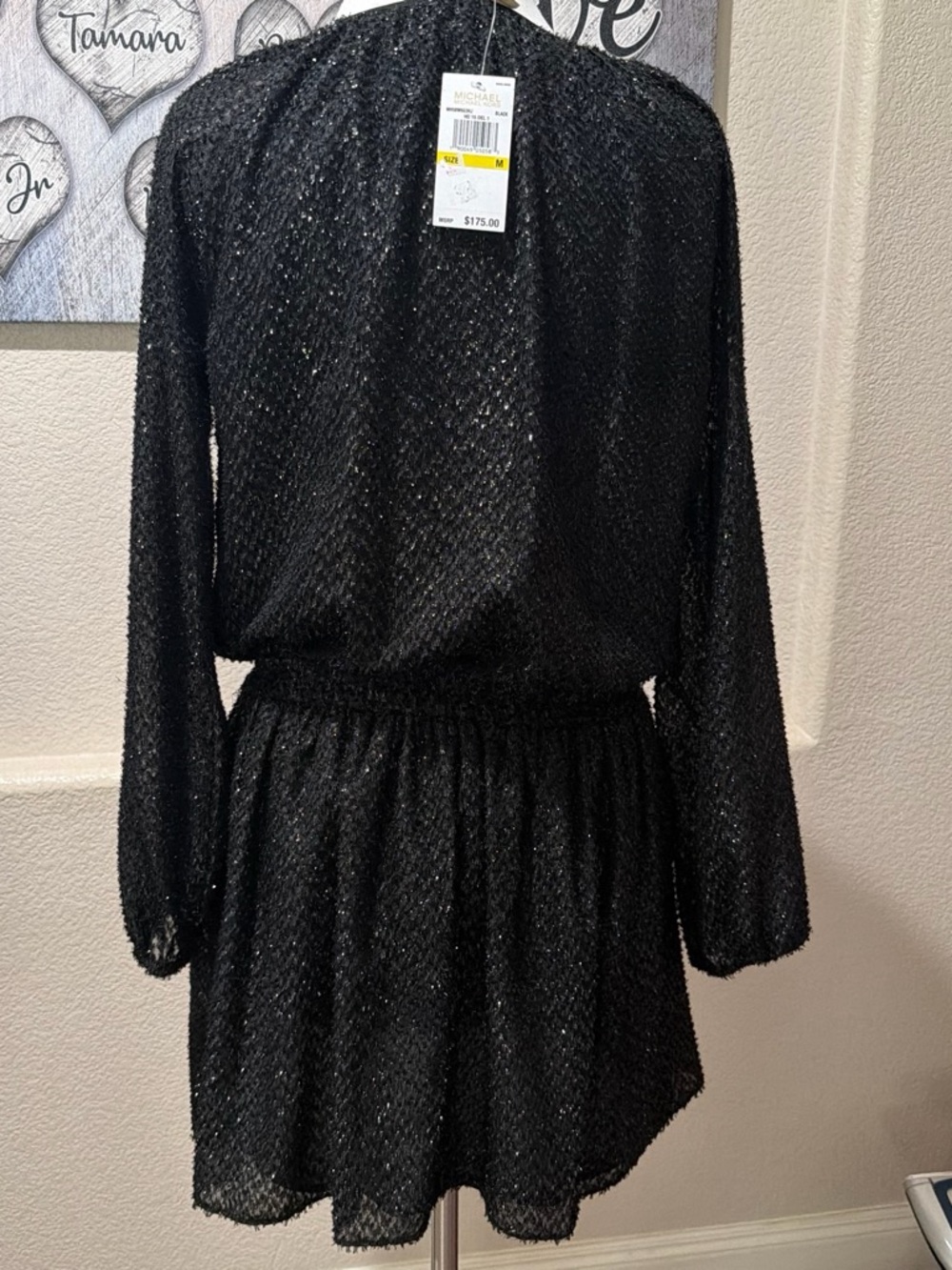 Michael Kors Black Long-Sleeve Tie-Neck Glitter Dress - Picture 2 of 3